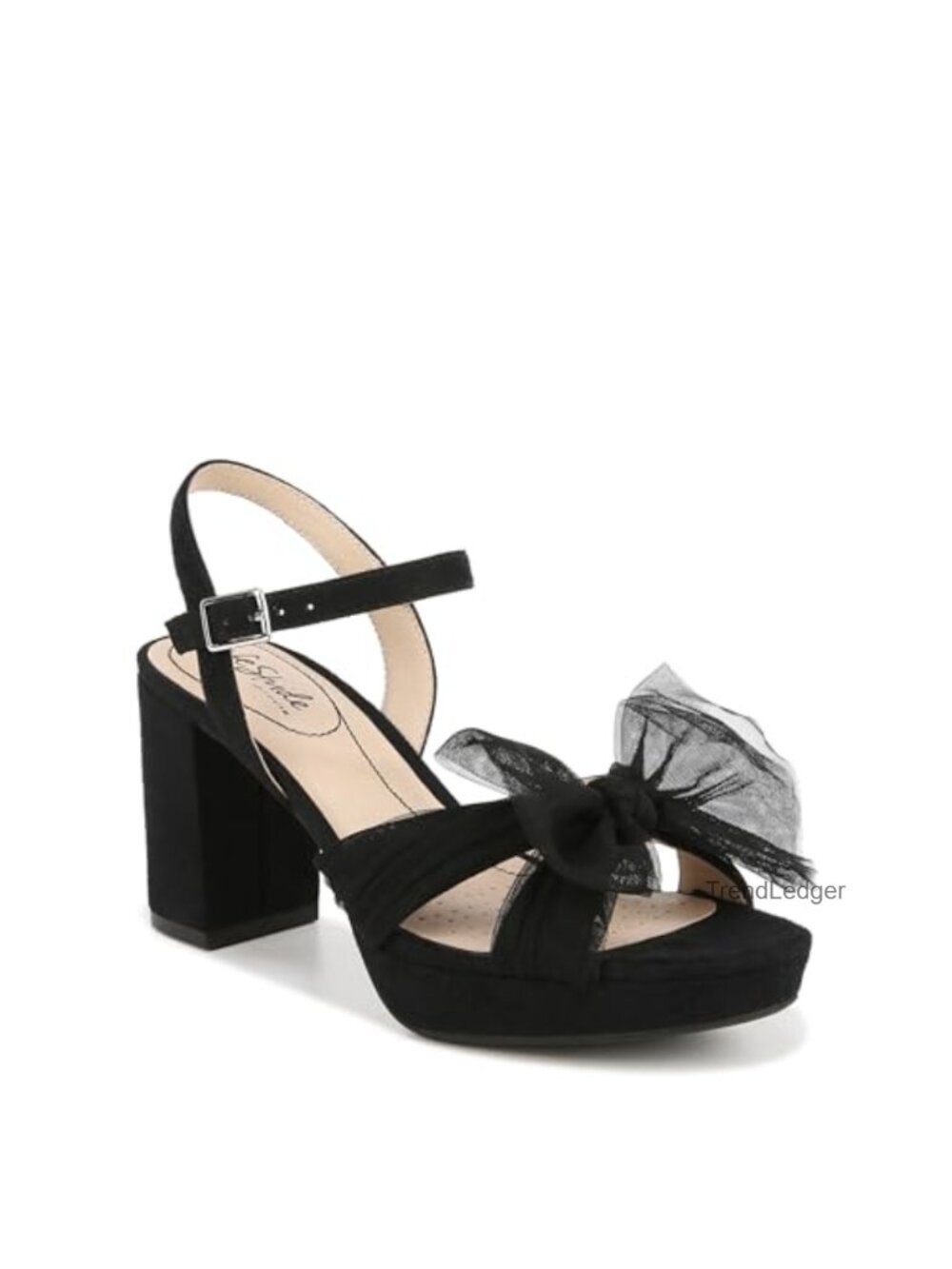 Faux Leather Tulle Bow Ankle Strap Block Heel Sandals